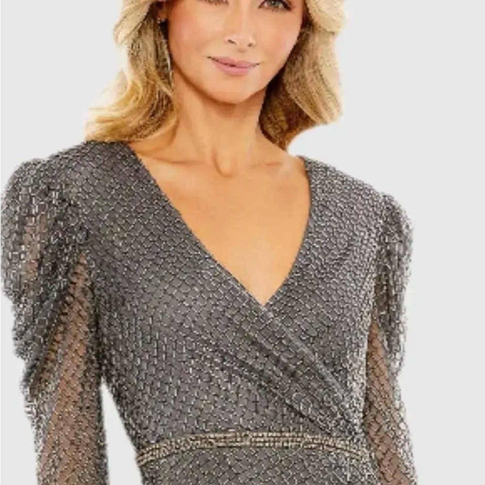 Mac Duggal NWT Style#93674 Midi Gown charcoal beaded long sleeve dress
